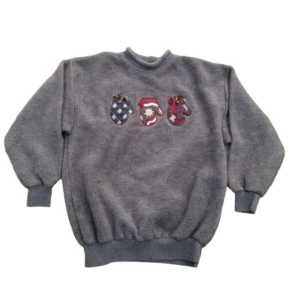 Cozy Y2k Fleece Sweater Art Unlimited M Sweatshirt Gray Mittens Grandma Vtg 90s - Picture 9 of 9